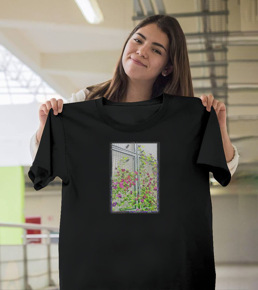 Climbing Flowers Purple Blossoms on Metal Fence Garden T-Shirt