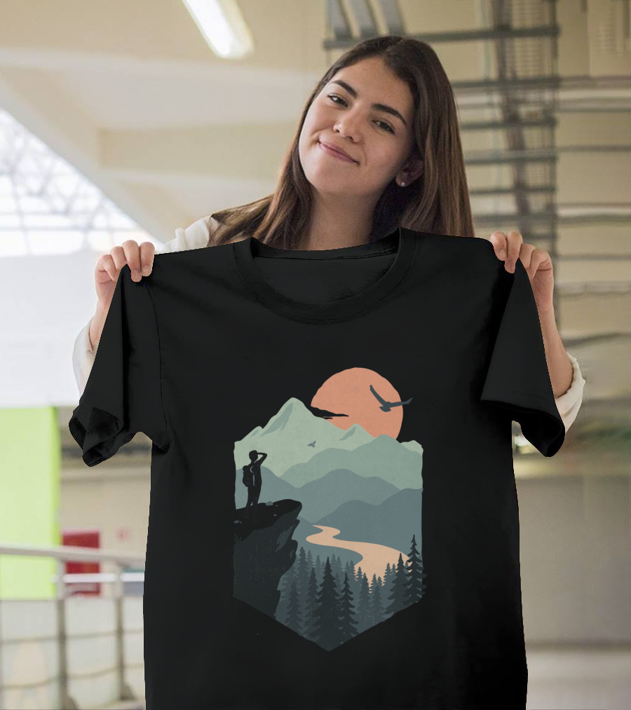 Vast Views Scenic Mountain Sunset with Silhouette and Birds T-Shirt