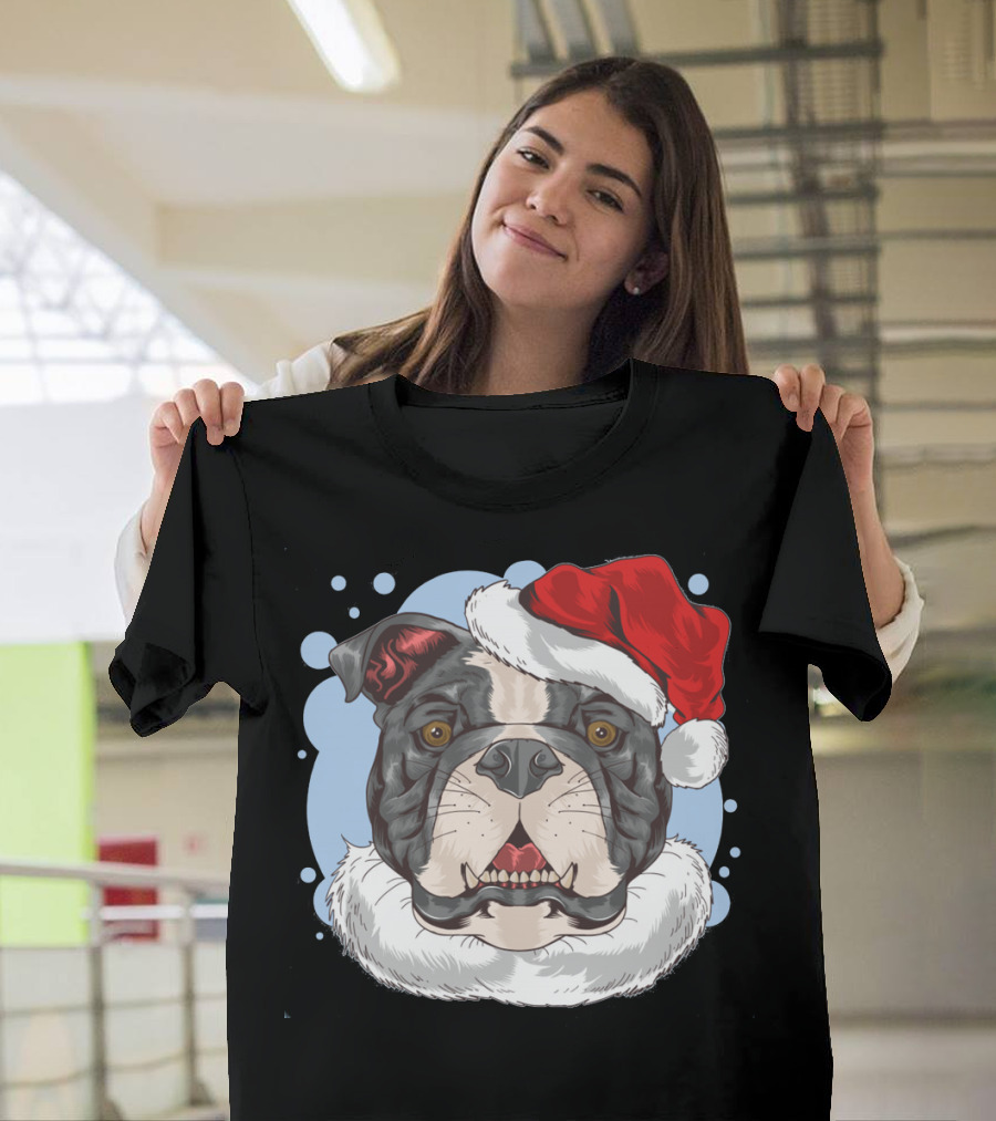 Bulldog Pit Bull Dog Wearing Santa Claus Hat with Festive Holiday Flair T-Shirt