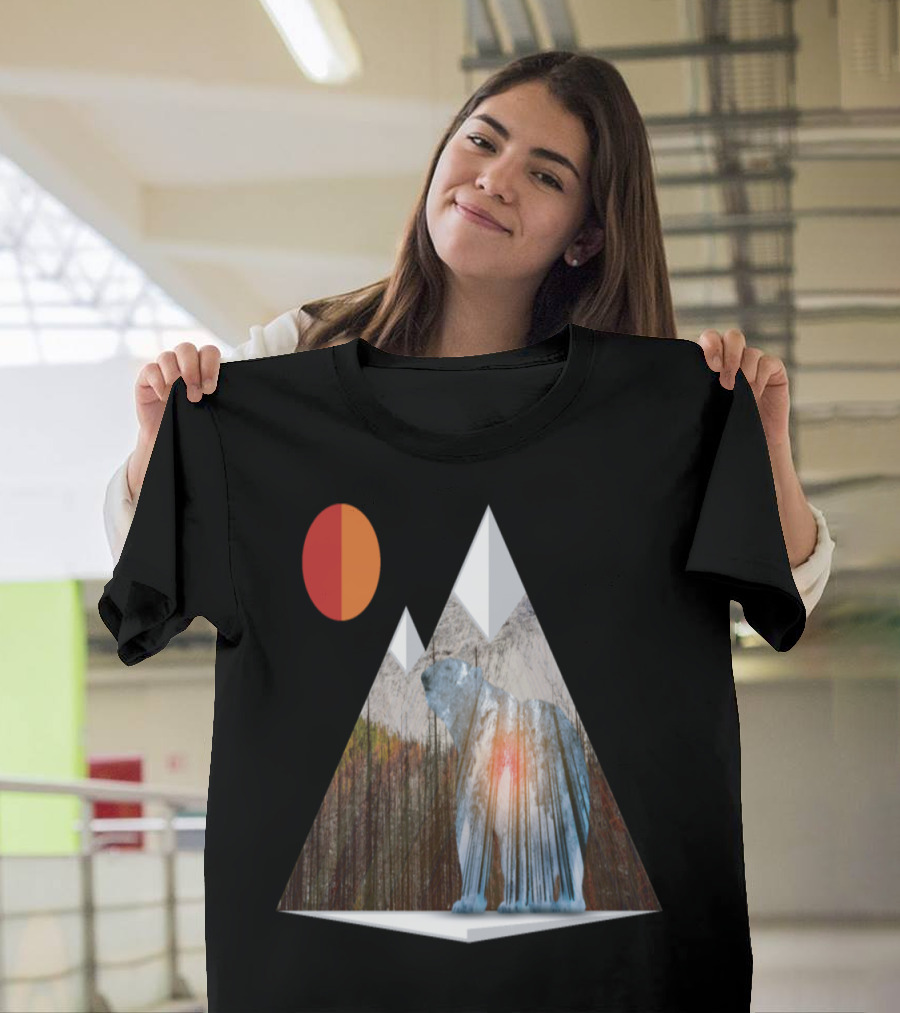Bear in Mountain Forest Triangle with Red Sun T-Shirt