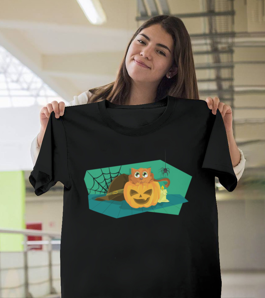 Cat on Jack-O'-Lantern with Witch's Hat and Spiderweb T-Shirt