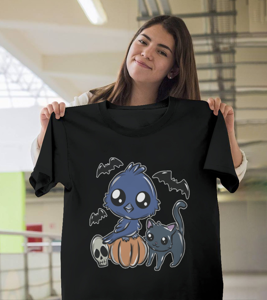 Crow Cat Bat Pumpkin Cute Skull Halloween T-Shirt