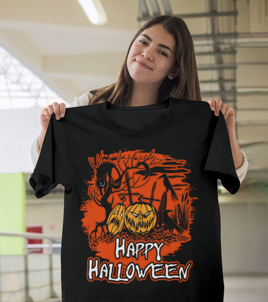 Happy Halloween Pumpkins Black Cat and Spooky Crows T-Shirt
