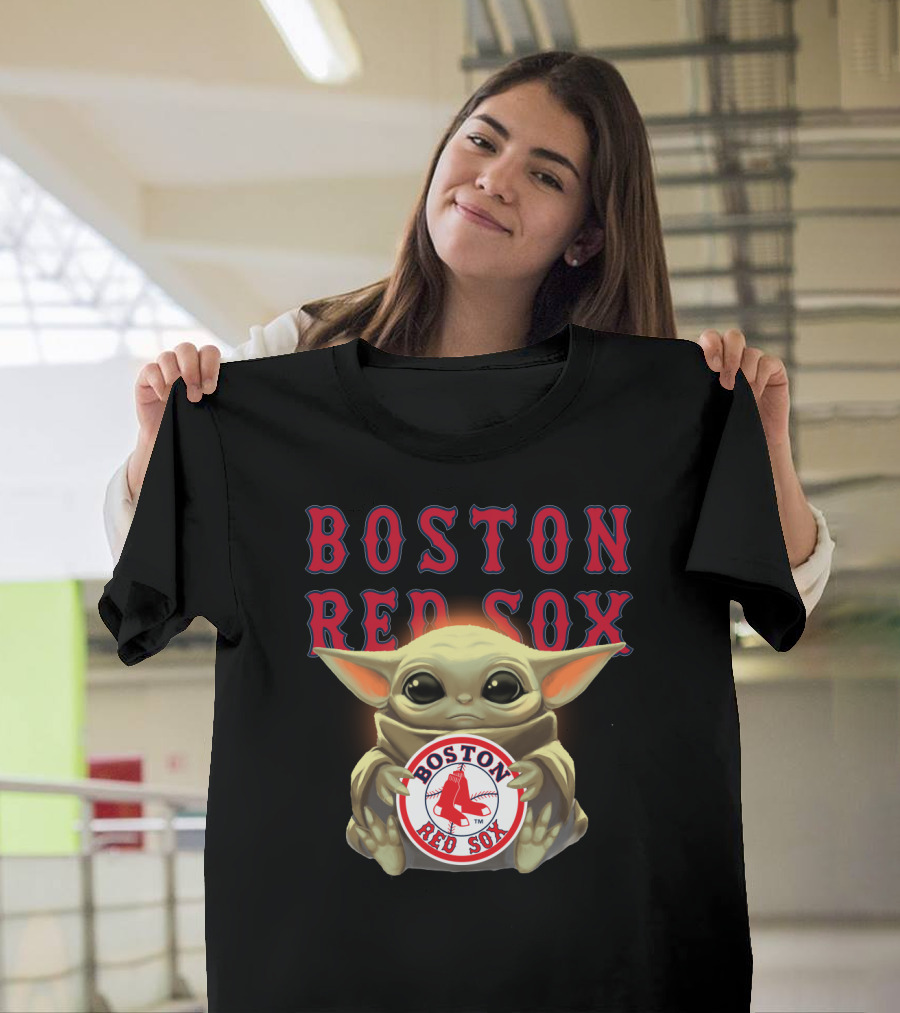 Boston Red Sox Baby Yoda Hugging Red Sox Emblem T-Shirt