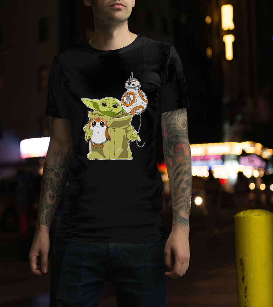Baby Yoda Hug Sad Porg With BB-8 Balloon T-Shirt