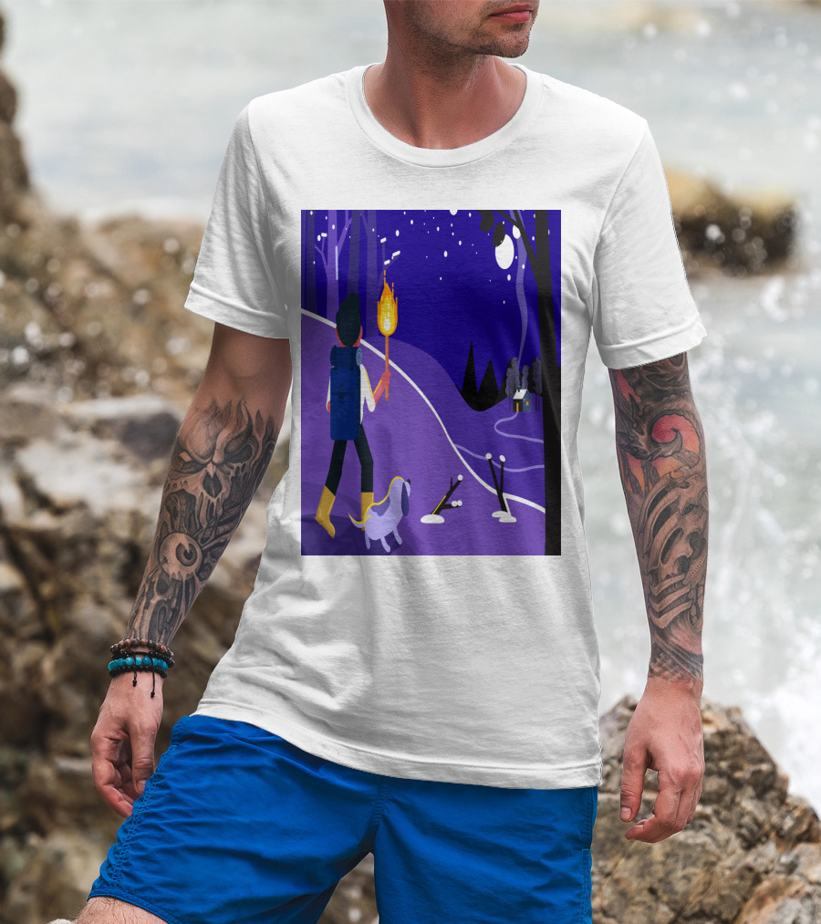 Nighttime Hiker With Backpack And Dog Under Moonlit Sky T-Shirt