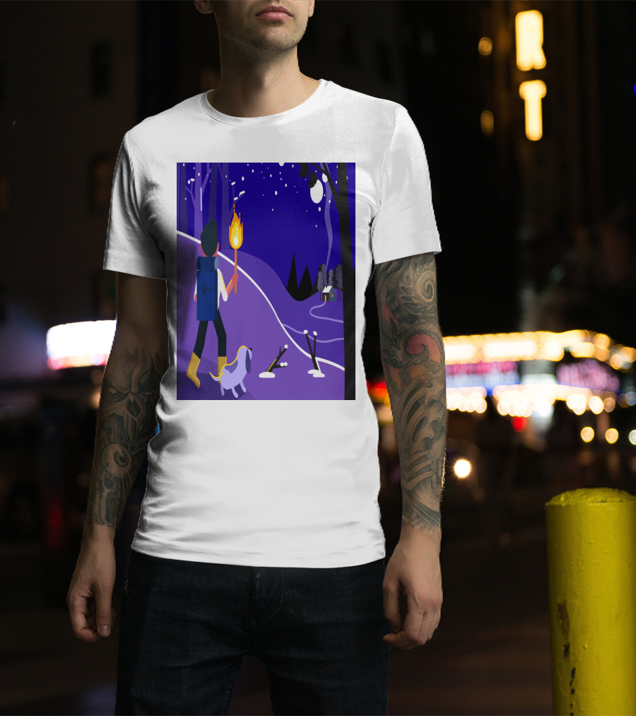 Nighttime Hiker With Backpack And Dog Under Moonlit Sky T-Shirt