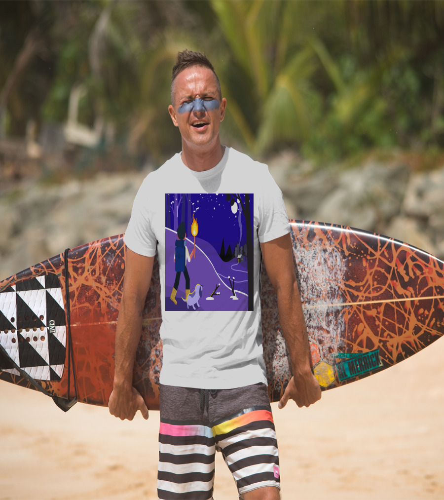 Nighttime Hiker With Backpack And Dog Under Moonlit Sky T-Shirt