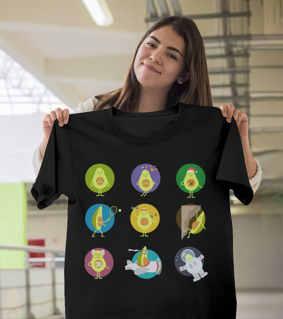 Avocado Characters Tennis Exercise Santa Climbing Rocket Astronaut T-Shirt