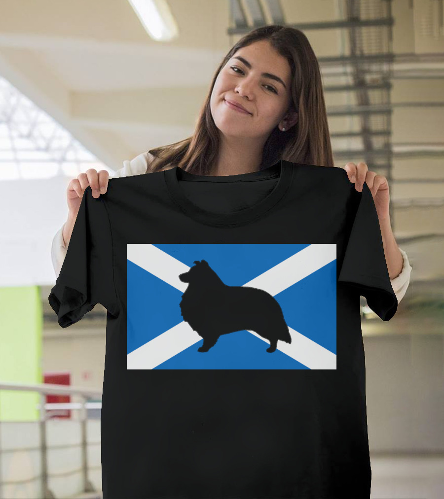 Shetland Sheepdog Silhouette on St. Andrew's Cross Flag T-Shirt