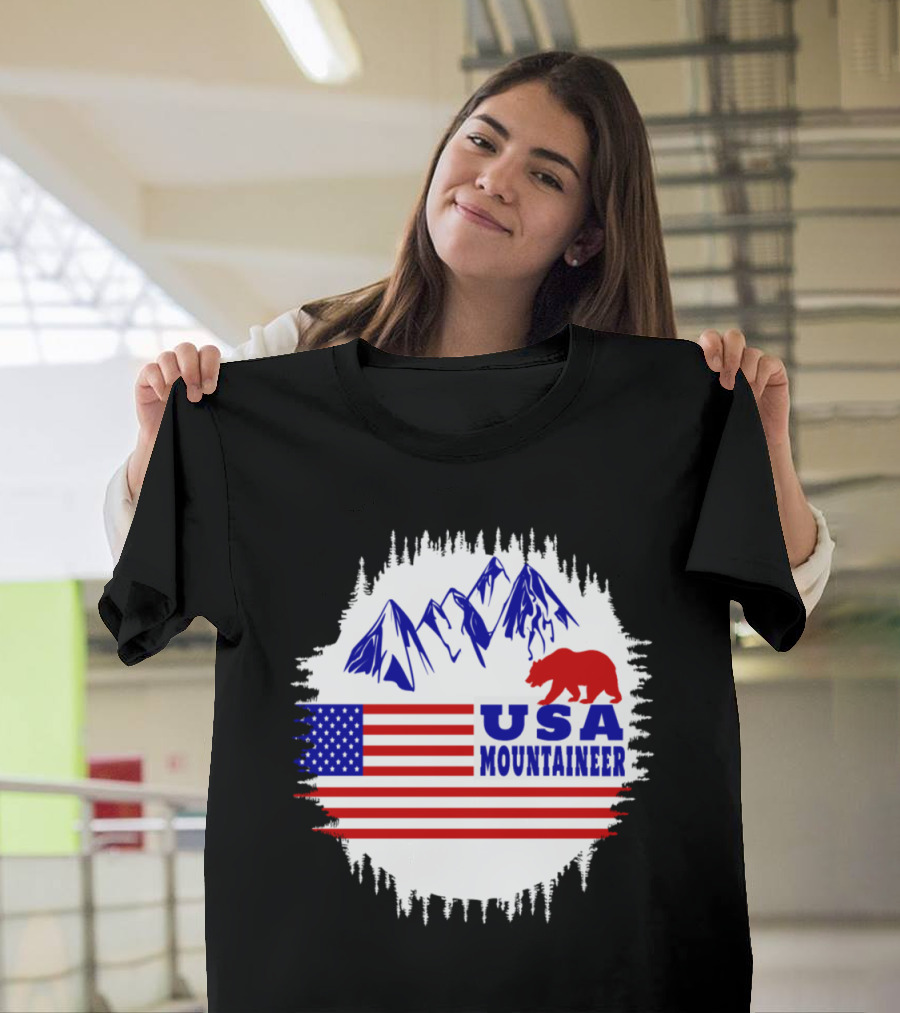USA Mountaineer Bear and Flag Mountain Scene T-Shirt