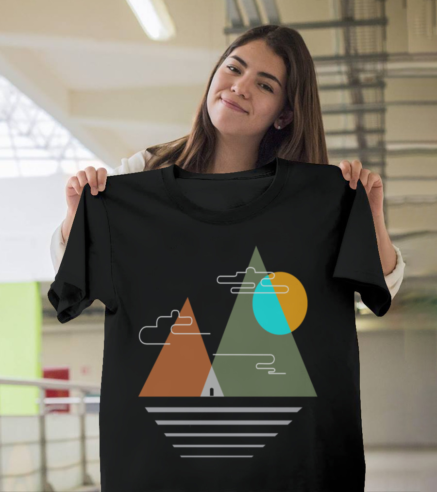Mountain Camping Adventure with Geometric Sun and Clouds T-Shirt