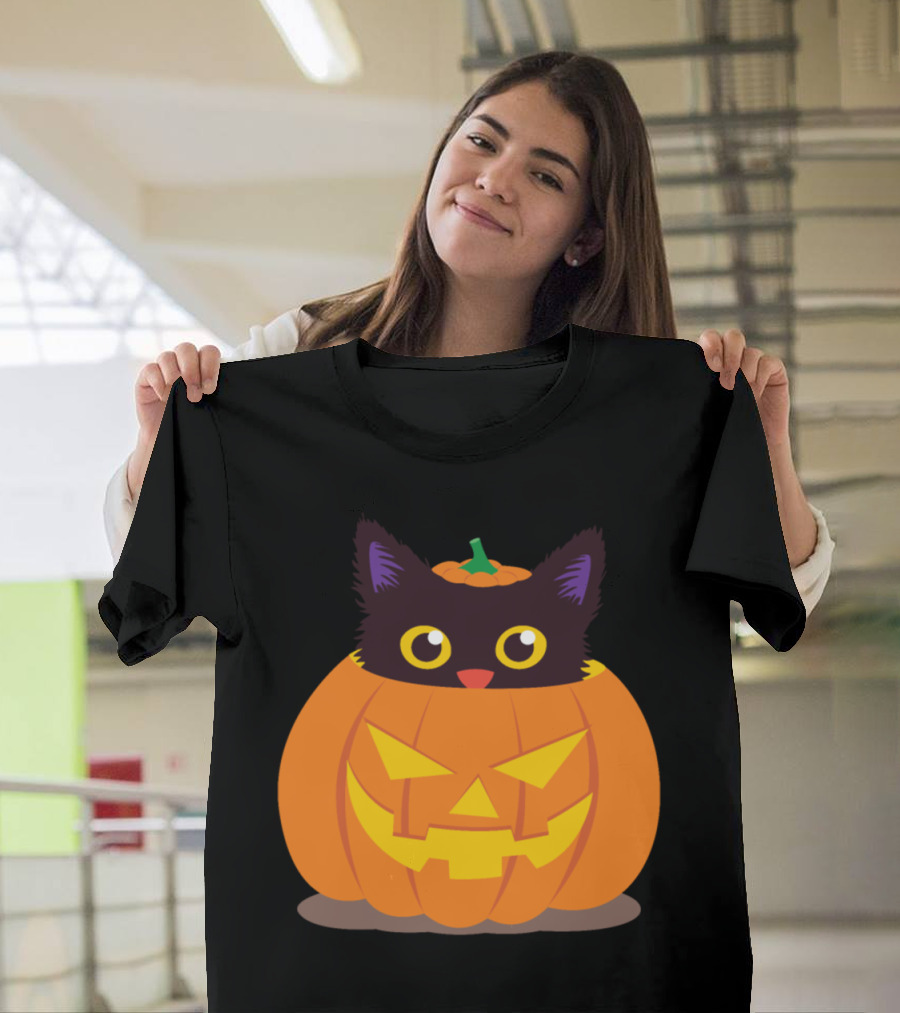 Little Kitten in a Pumpkin with Jack-O'-Lantern Face T-Shirt