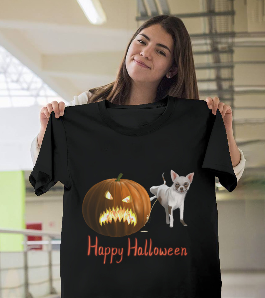 Happy Halloween Funny Pissed Angry Pumpkin and Chihuahua T-Shirt