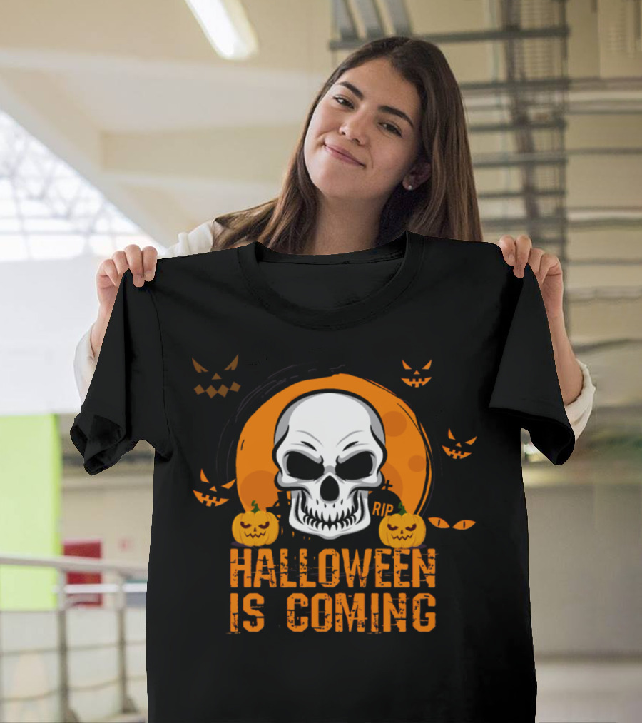 Halloween Is Coming Skull and Pumpkin Moon T-Shirt