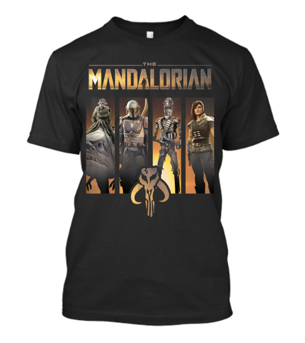 Star Wars The Mandalorian Character Line Up With Mythosaur Skull Emblem T-Shirt