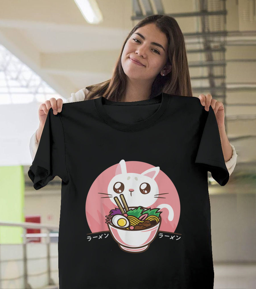 Kawaii Anime Cat with Japanese Ramen Noodles T-Shirt