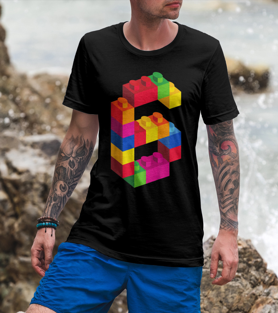 Kids 6 Year Old Building Blocks Birthday Colorful Bricks Number Six T-Shirt