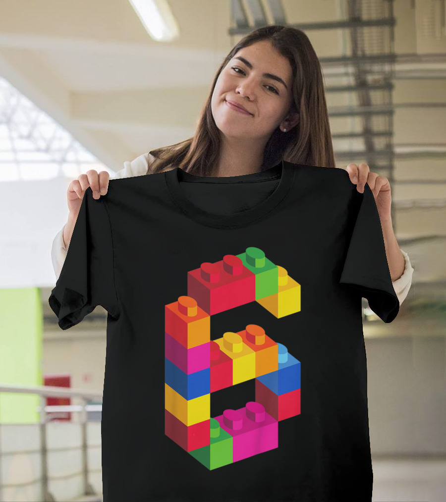 Kids 6 Year Old Building Blocks Birthday Colorful Bricks Number Six T-Shirt