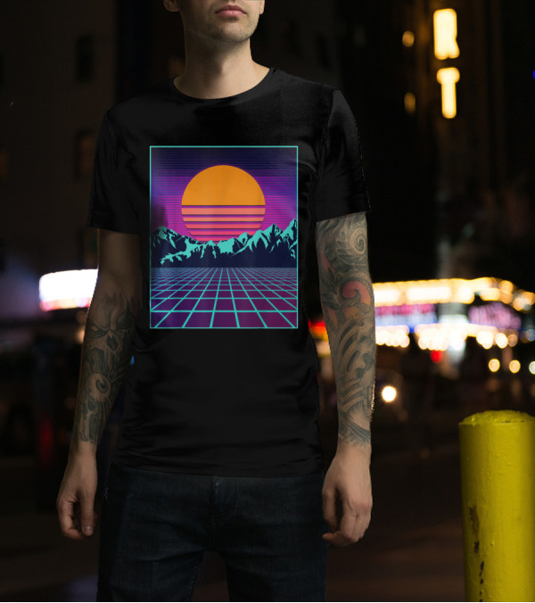 Retro 80s Vaporwave Aesthetic Outrun Sunset With Mountains And Gridlines T-Shirt