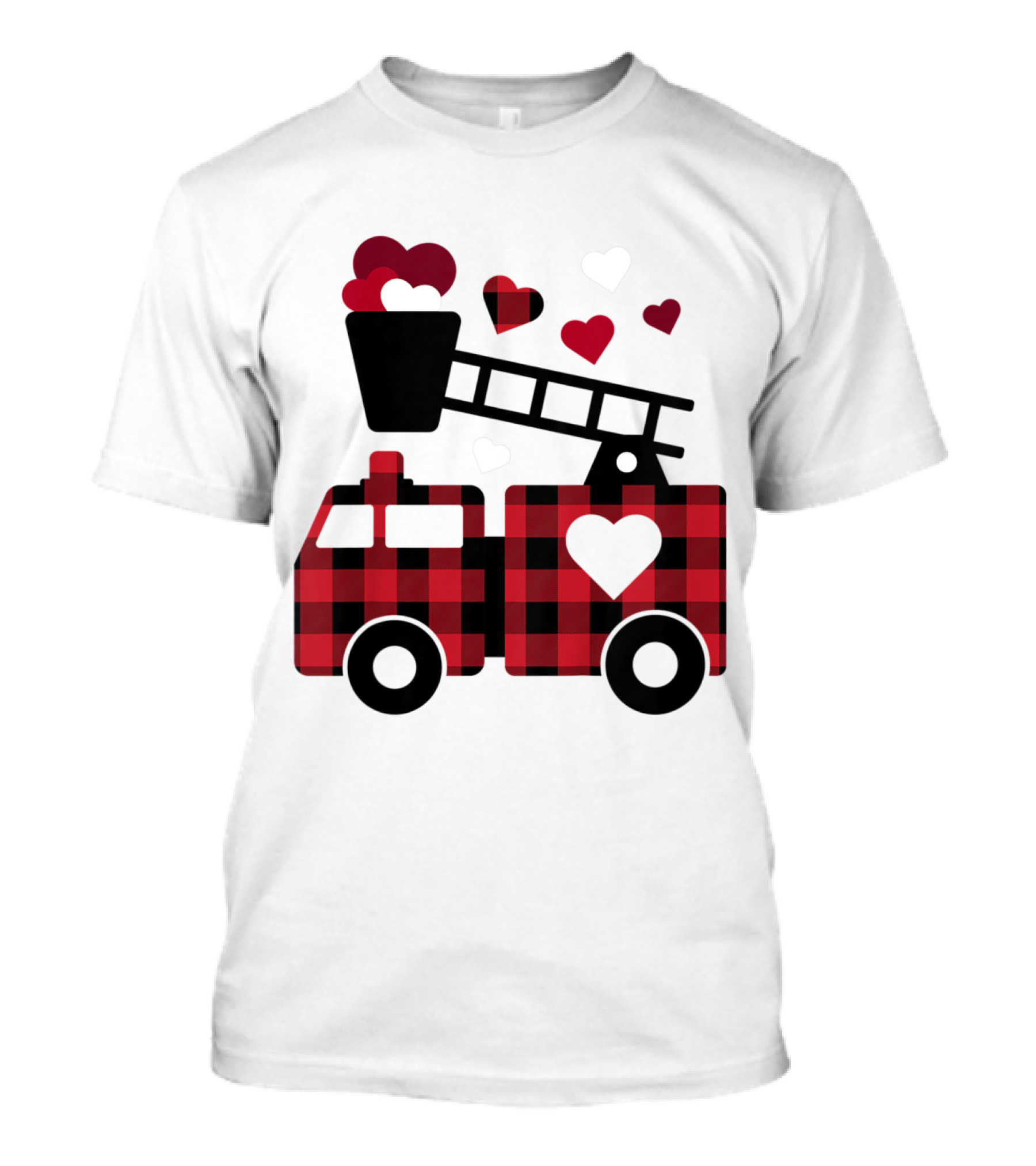 Kids Valentines Day Buffalo Plaid Fire Truck Hearts T-Shirt