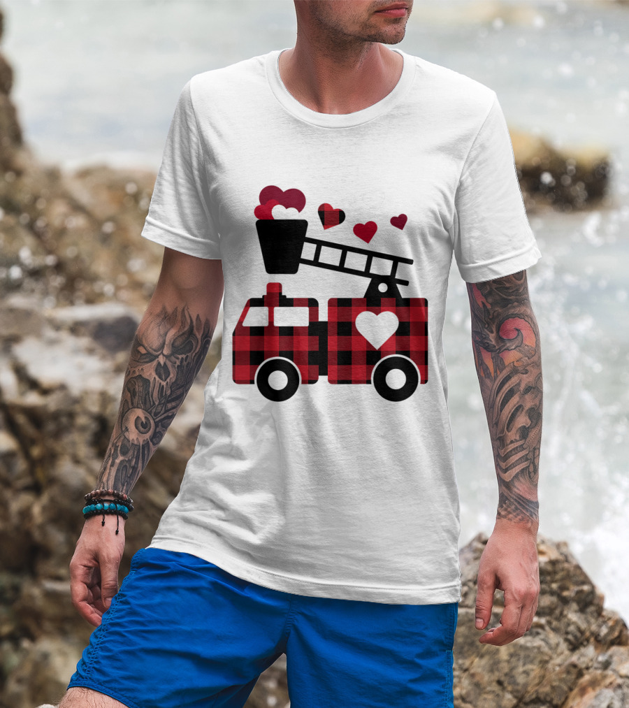 Kids Valentines Day Buffalo Plaid Fire Truck Hearts T-Shirt