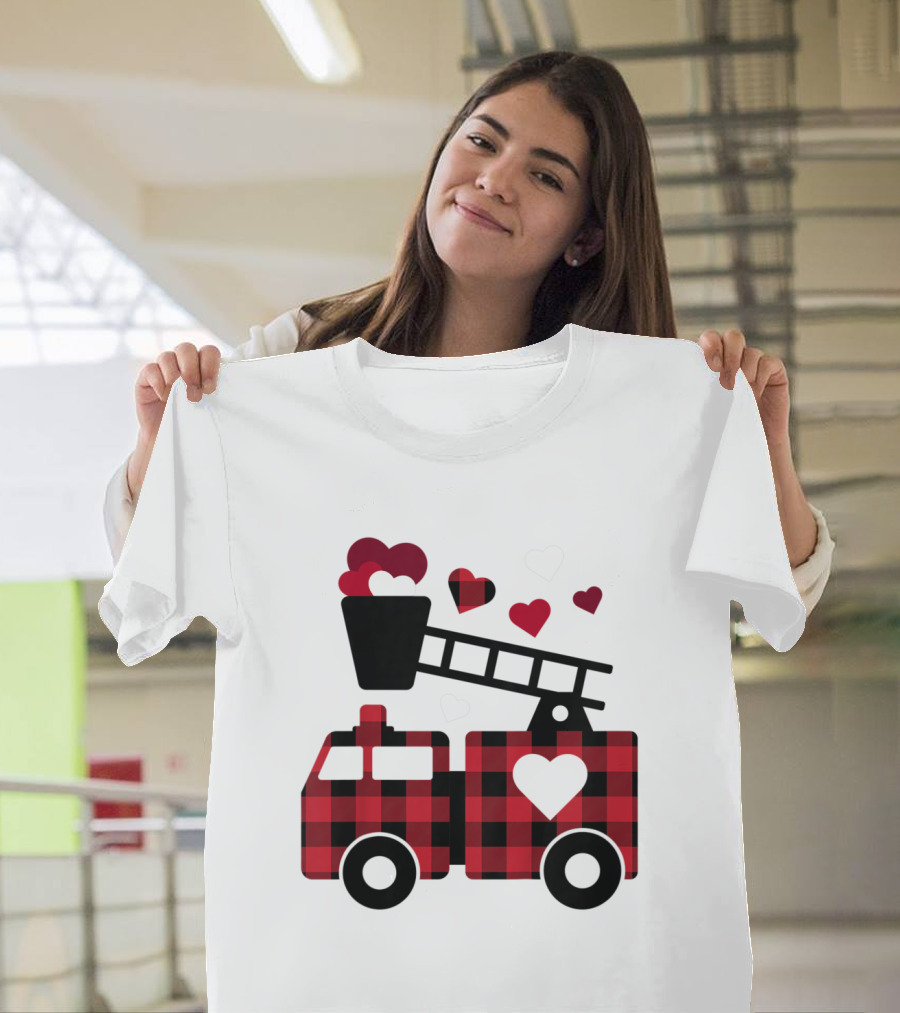 Kids Valentines Day Buffalo Plaid Fire Truck Hearts T-Shirt
