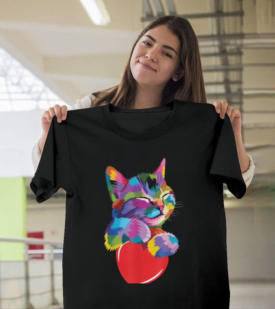 Colorful Cute Cat with Heart for Kitten Lovers T-Shirt
