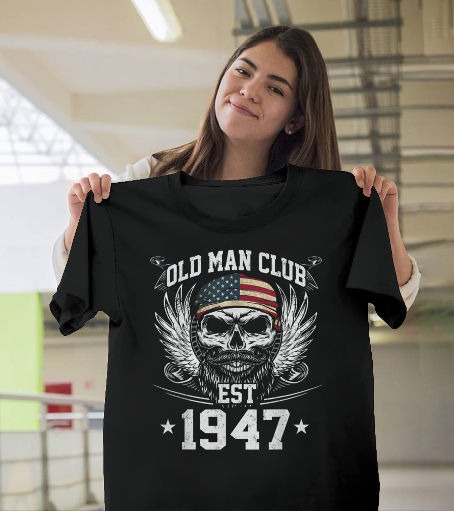 Old Man Club Est 1947 Vintage Skull with American Flag Bandana and Wings T-Shirt