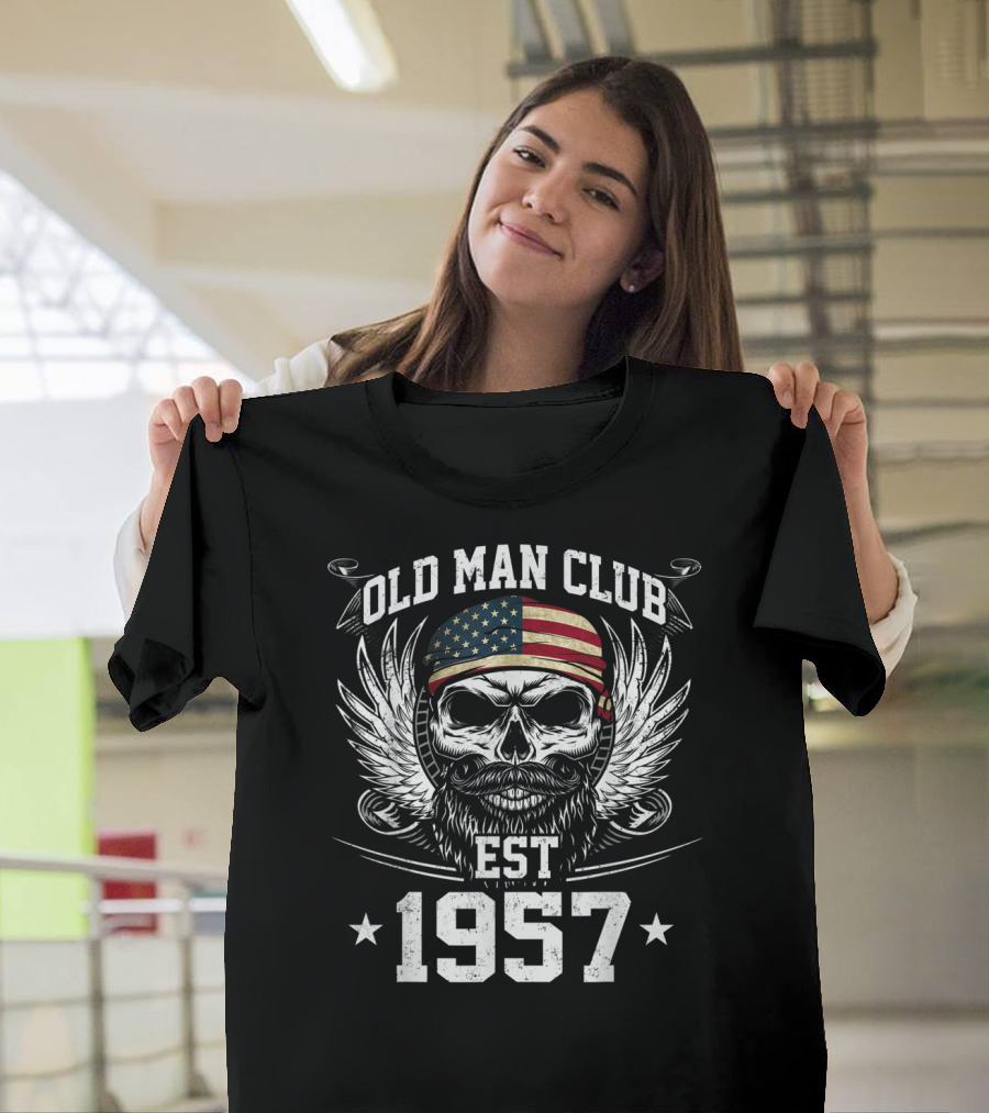 Old Man Club Est 1957 Vintage Skull with American Flag Bandana T-Shirt