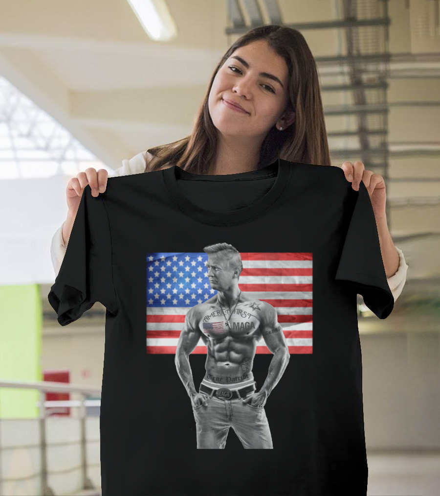 America First Tattooed Bodybuilder with USA Flag Background T-Shirt