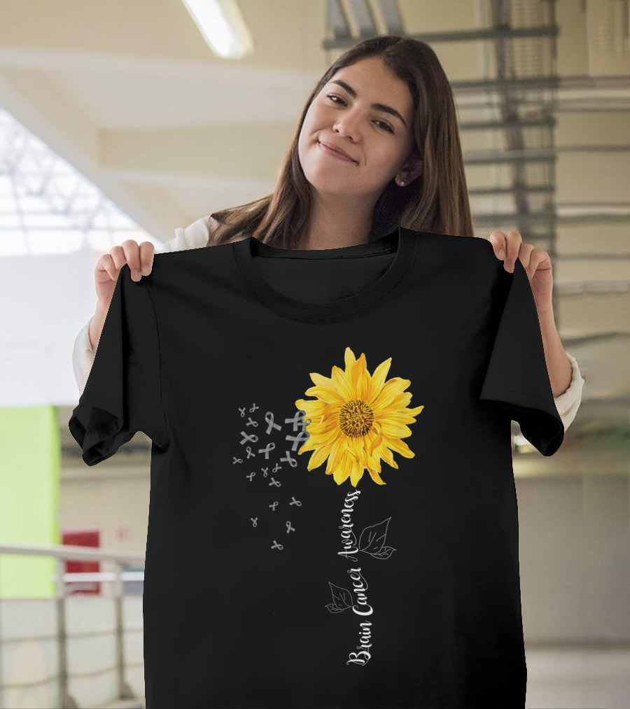 Brain Cancer Awareness Yellow Sunflower with Ribbons T-Shirt