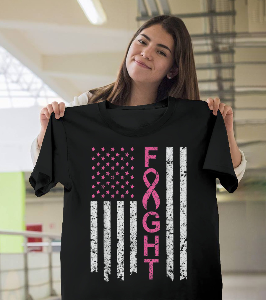 Breast Cancer Awareness FIGHT Pink Ribbon American Flag T-Shirt