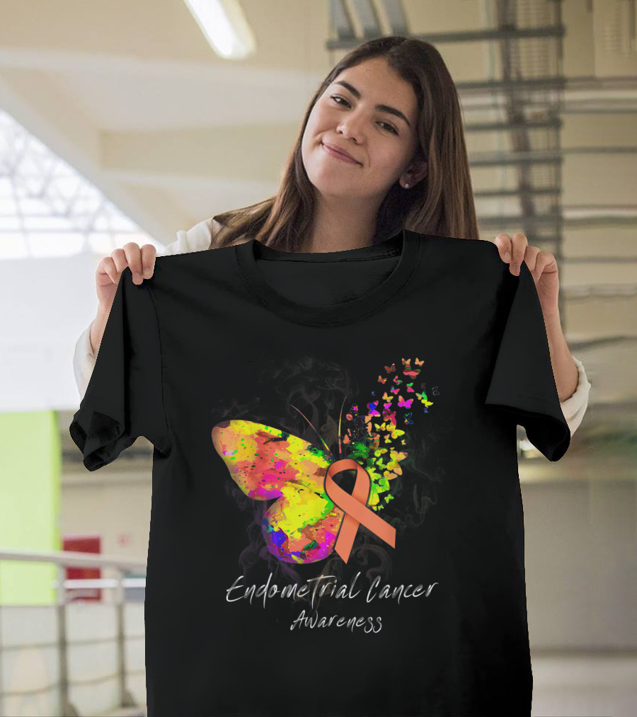 Endometrial Cancer Awareness Butterfly with Peach Ribbon Colorful T-Shirt