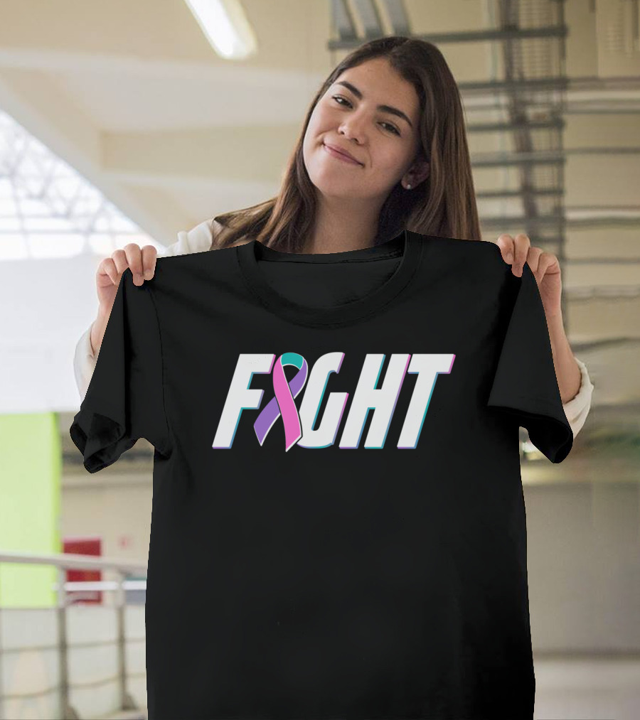 Fight Thyroid Cancer with Pink Purple Teal Ribbon T-Shirt