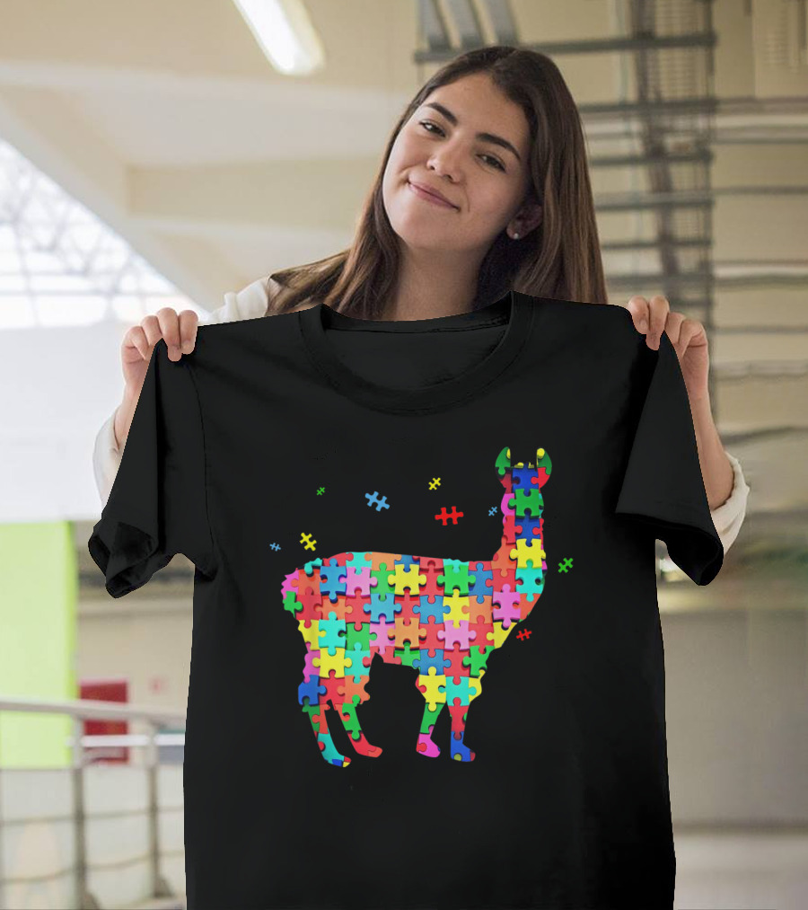 Autism Awareness Day Colorful Puzzle Piece Llama Voice T-Shirt