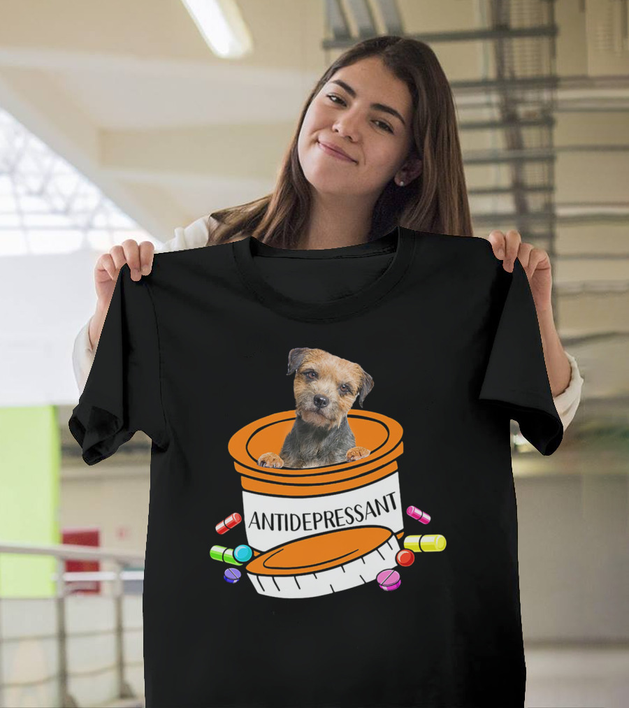 Border Terrier Inside Antidepressant Pill Bottle with Colorful Capsules T-Shirt