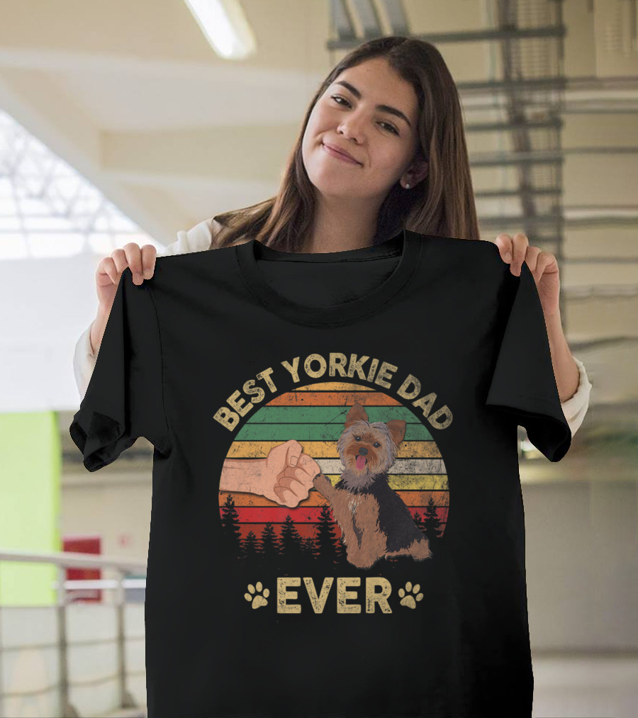 Best Yorkie Dad Ever Vintage Retro Dog Fist Bump T-Shirt