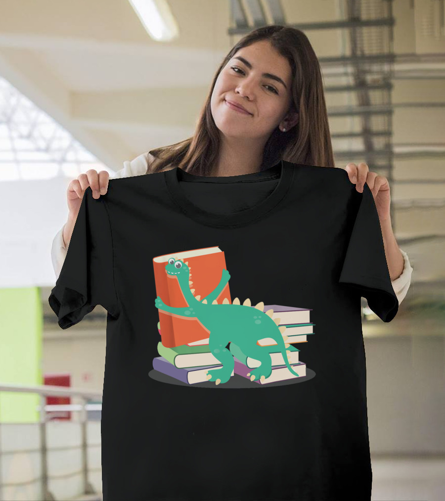 Cute Literary Dinosaur Book Lover Hugging Books T-Shirt