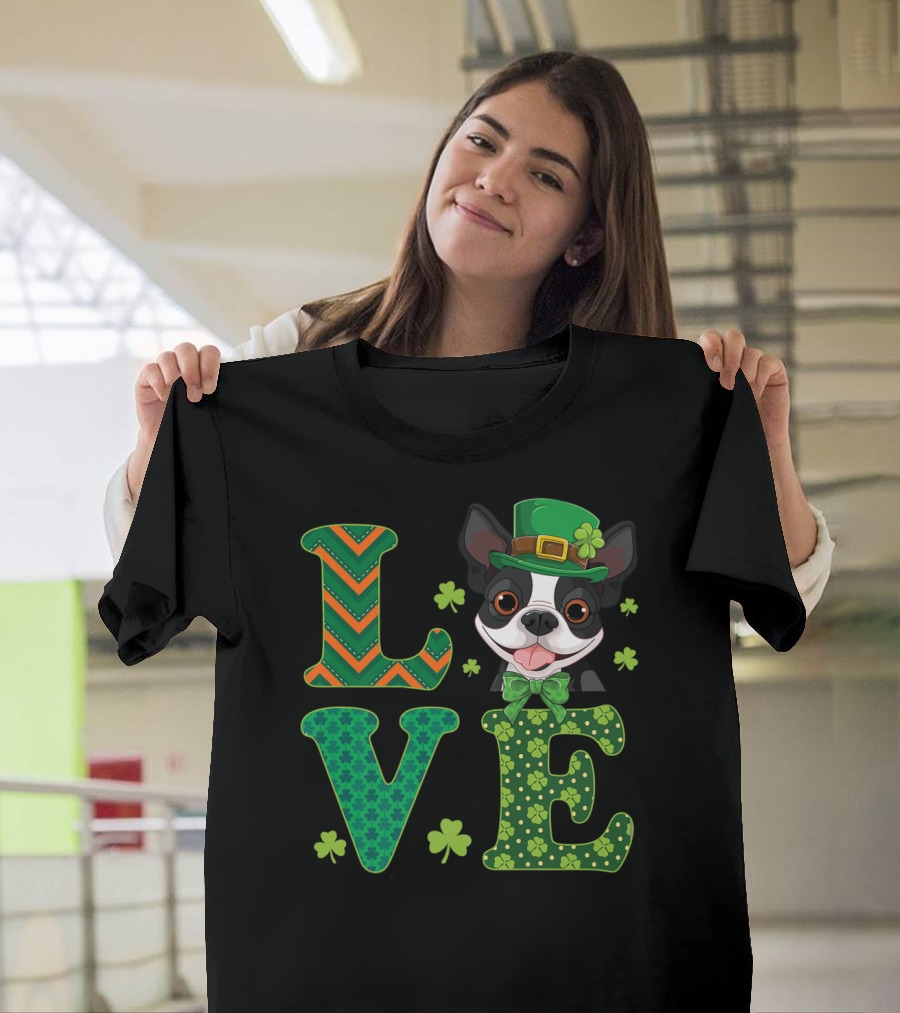 Love Boston Terrier St. Patrick's Day Clover Dog T-Shirt
