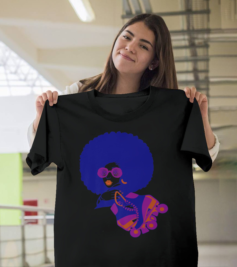 Funky 80s Woman With Afro Sunglasses and Roller Skates T-Shirt