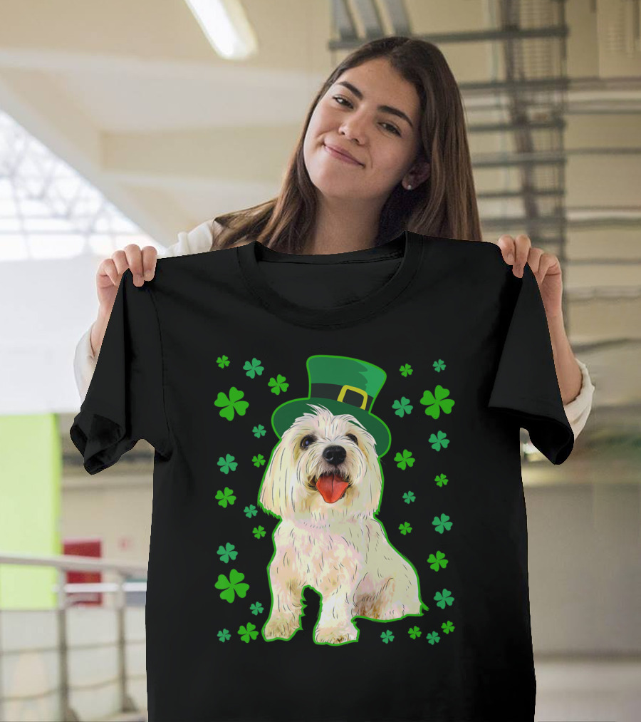 Coton De Tulear Dog St Patrick's Day with Shamrocks and Green Hat T-Shirt