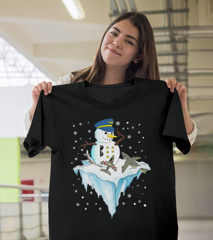Airline Pilot Snowman with Planes on Iceberg Funny Christmas Winter T-Shirt