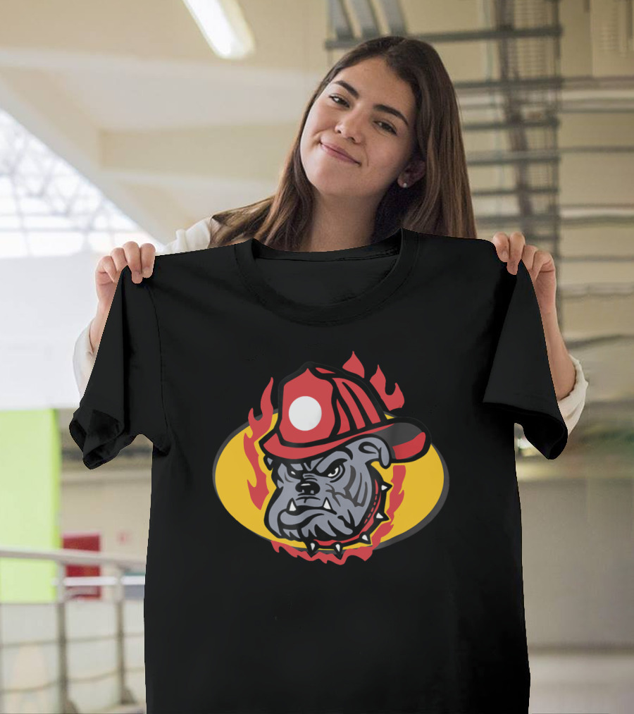Firefighter Cartoon Fireman Bulldog Flames Fan T-Shirt