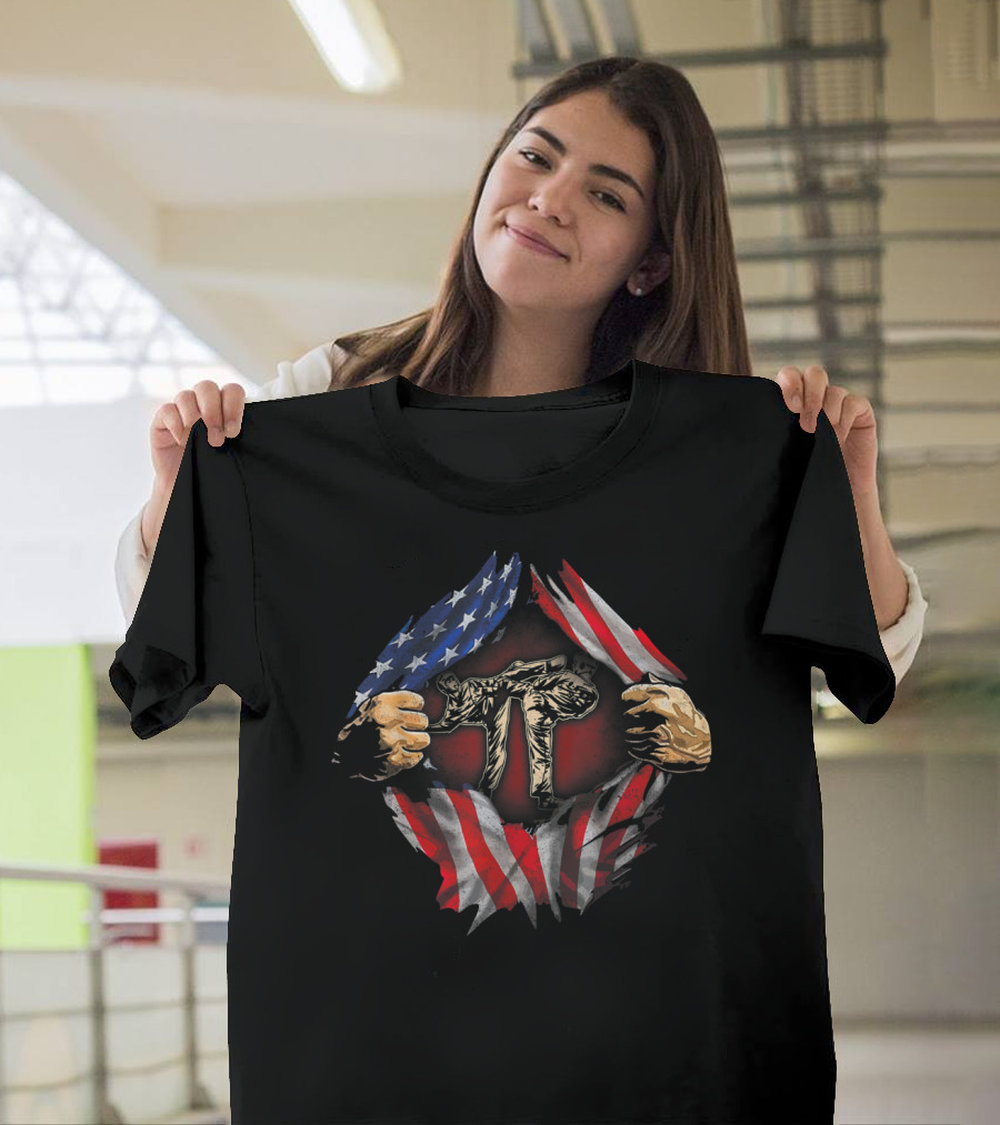 American Flag Taekwondo Fighter in Action T-Shirt