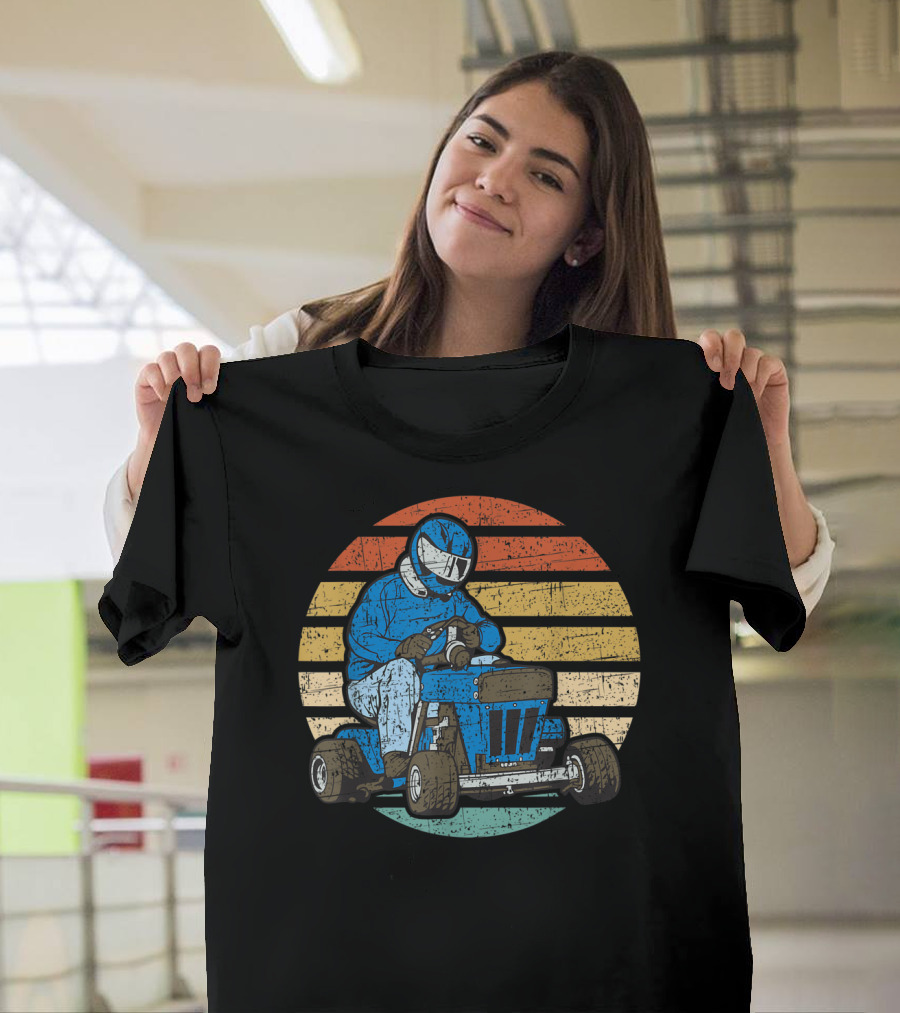 Retro Racer on Classic Lawn Mower with Striped Sunset Background T-Shirt