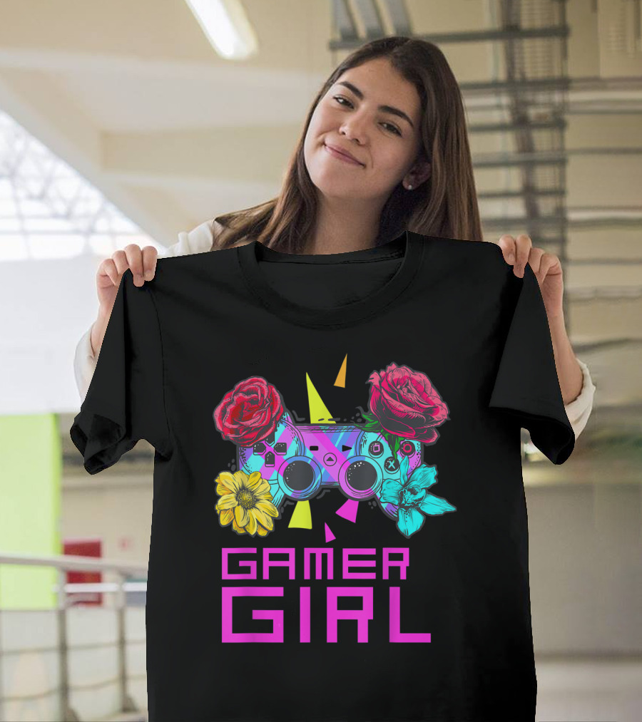 Eye Catching Multi Colored Gamer Girl Roses Video Controller T-Shirt