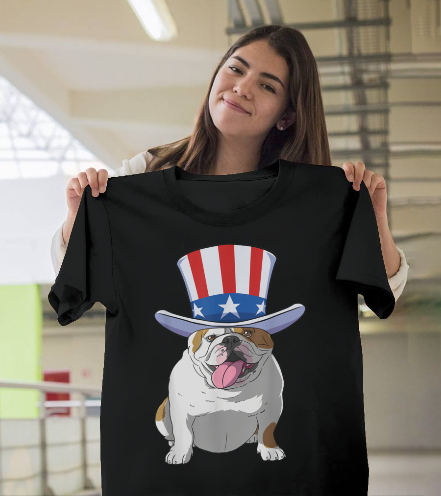 English Bulldog Uncle Sam Hat 4th of July Merica American Pride T-Shirt