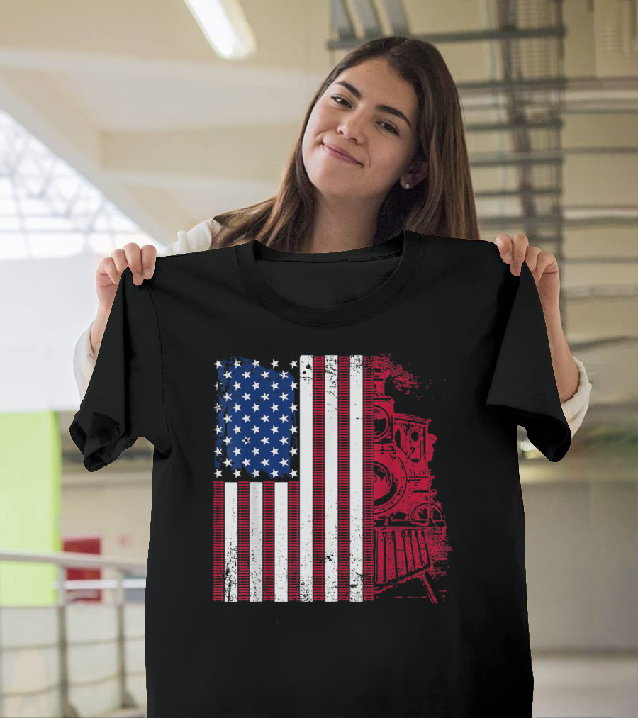 USA Flag with Train Engine Graphic for Railroad Lovers T-Shirt