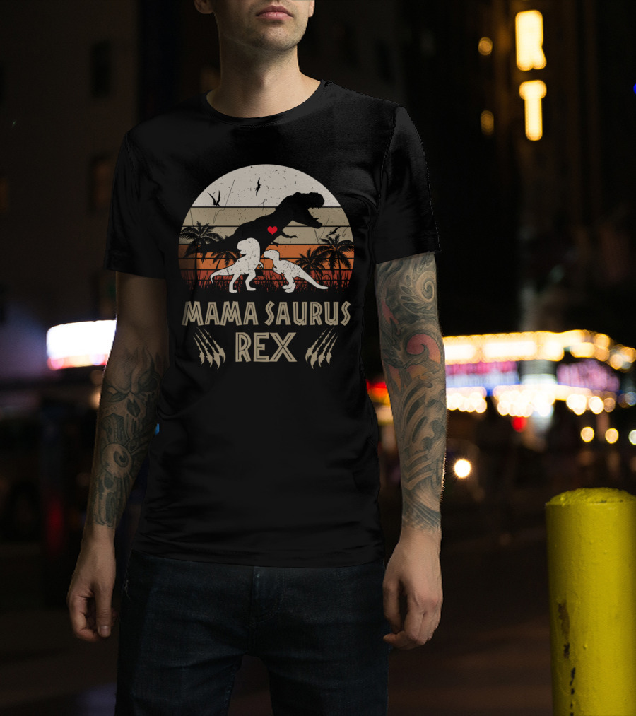 Mama Saurus Rex Dinosaur Silhouette With Heart And Palm Trees T-Shirt